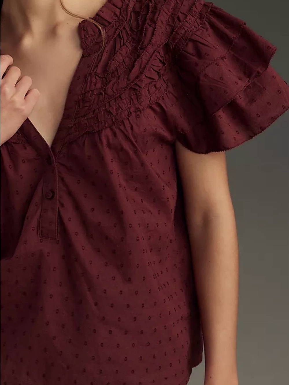 Anthropologie Layered Sleeve Henley Top Burgundy Ruffle Large